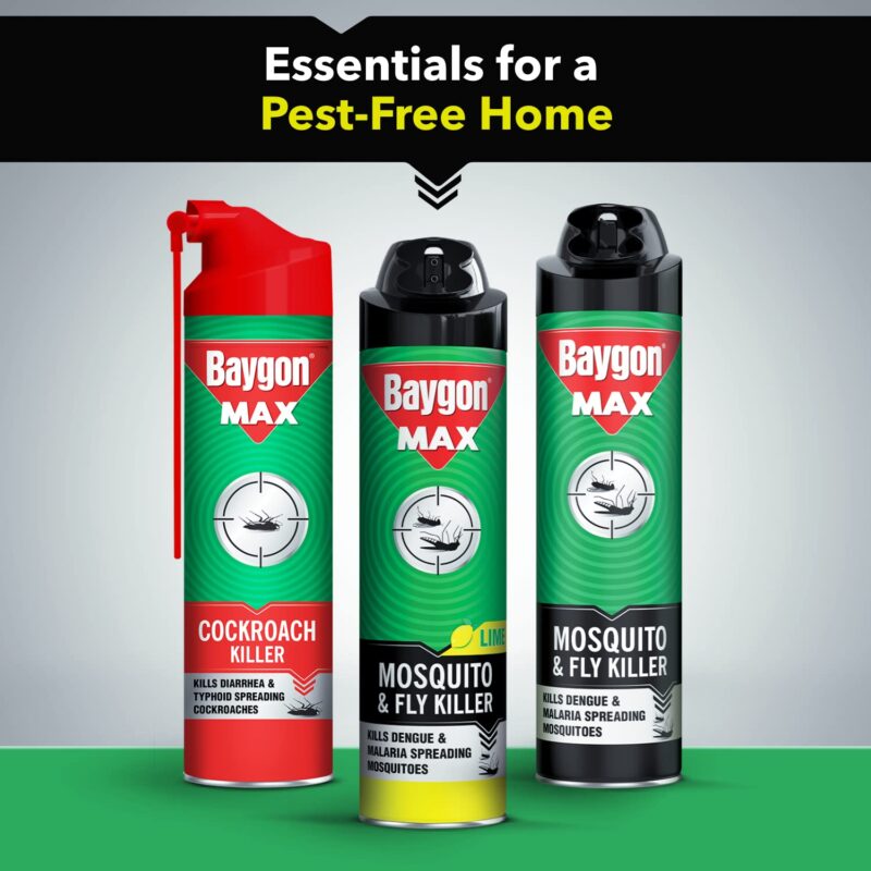 Baygon Max Mosquito and Fly Killer Spray, 400ml | Lime Fragrance | Instant Mosquito Repellent | Kills Dengue & Malaria Spreading Mosquitoes | With Double Nozzle Technology for 30% Wider Coverage - Image 3
