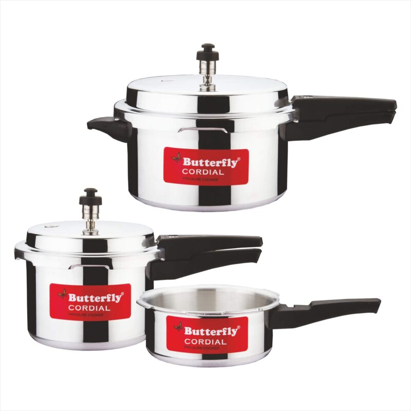 Butterfly Cordial 2, 3 & 5 Litres Pressure Cookers | Outer Lid | Food Grade Virgin Aluminium | Gas Stove Compatible | ISI Certified | 2 Years Manufacturer's Warranty | Silver