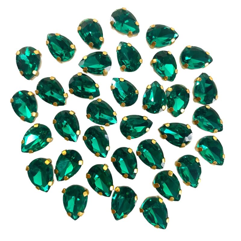 EmbroideryMaterial Emerald Green Shiny Sew on Rhinestones/Gem Stones Sewing Crystals Stone Beads for Jewellery Making, Embroidery, Craft, Sewing Purpose (Size: 7X10MM, Pack of 50 Pieces, Teardrop Shape)