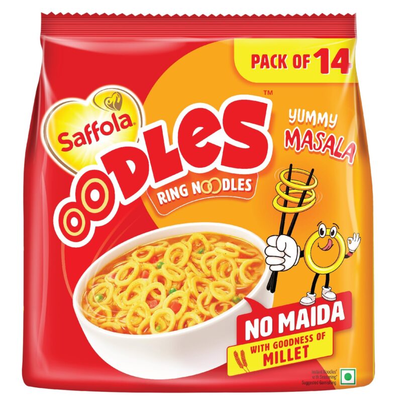 Saffola Oodles Yummy Masala Pack of 14 (14x53g) 742gm, Instant Noodles, Ring Noodles, No Maida, Goodness of Millet & Oats