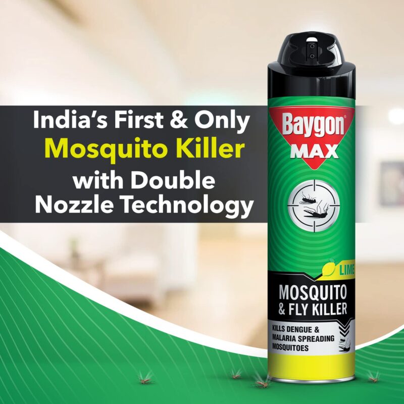 Baygon Max Mosquito and Fly Killer Spray, 400ml | Lime Fragrance | Instant Mosquito Repellent | Kills Dengue & Malaria Spreading Mosquitoes | With Double Nozzle Technology for 30% Wider Coverage - Image 8
