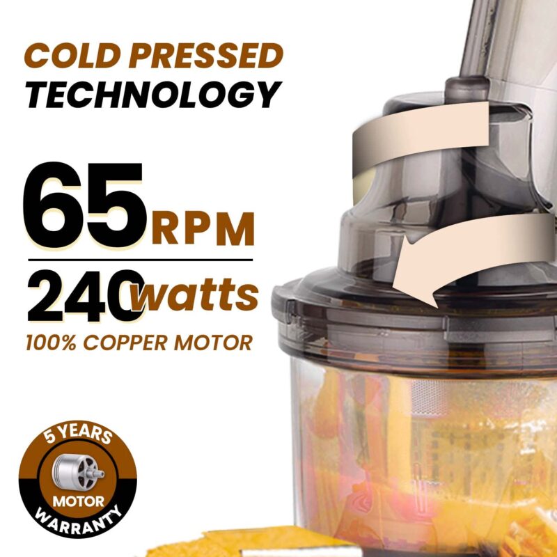 AGARO Royal Slow Juicer, Professional Cold Press Whole Slow Juicer, 240 Watts Power Motor, 120 Minutes Long Usage, 3 Strainers, All-in-1 Fruit & Vegetable Juicer, Black - Image 5