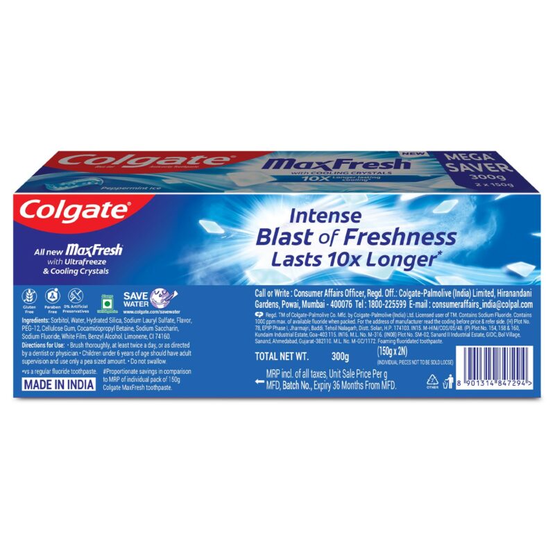 Colgate MaxFresh Toothpaste, Blue Gel Tooth Paste with Menthol for Super Fresh Breath, 300g, 150g X 2 (Peppermint Ice, Combo Pack Offer) - Image 3