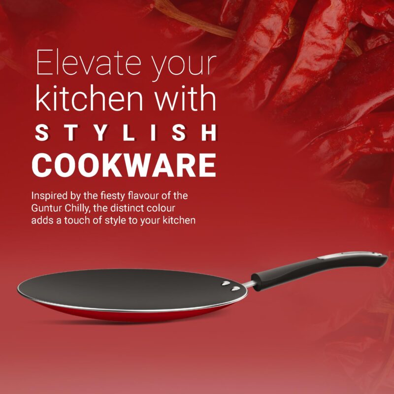 ‎Preethi Dura Collectiona Non Stick Concave Tawa, 28 cm, Gas & Induction Compatible, 5 Star Non Stick Effect, Chilly Red - Image 3