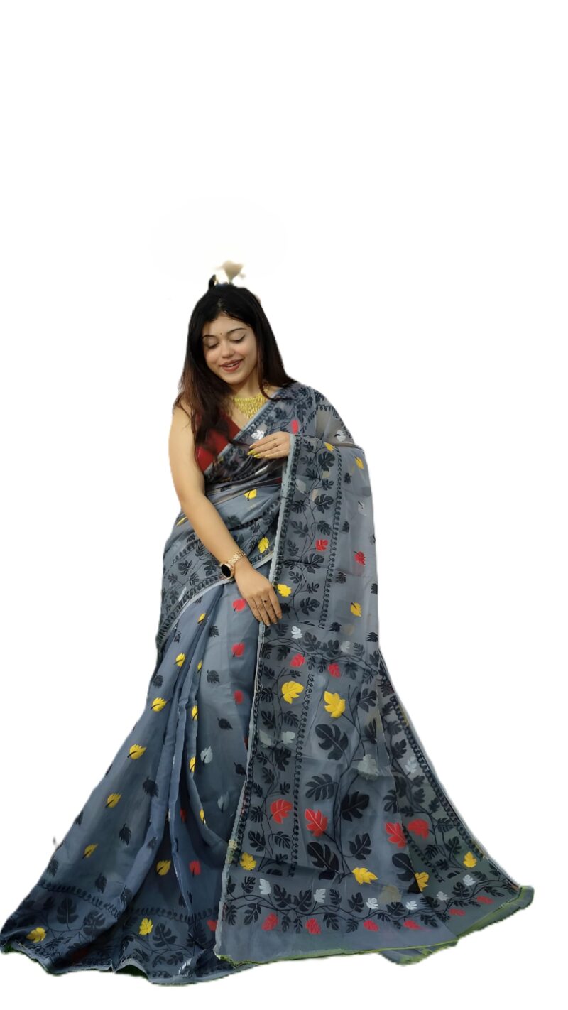 Rnn Saree Bonolata Soft Cotton Silk Dhakai Jamdani Saree without Blouse (Grey & Black)