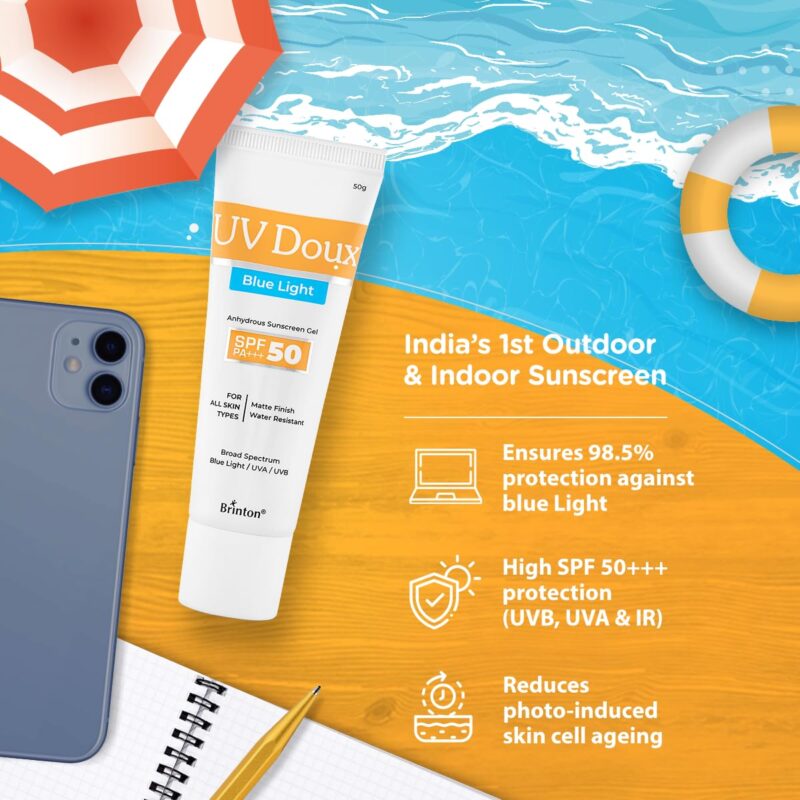 Brinton UV Doux Blue Light Sunscreen Protection Gel SPF 50 PA+++ UVA/UVB for Men & Women | Matte Finish & Water Resistant | For All Skin Types, 50g - Image 4