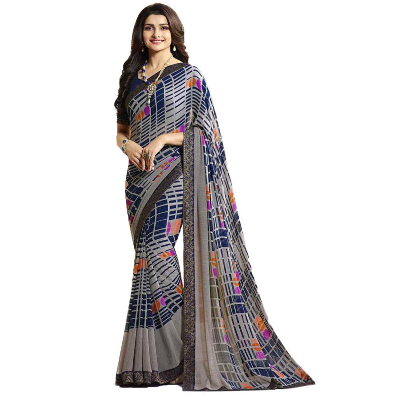 RAJESHWAR FASHION WITH RF Women's Block Printed Georgette Sarees For Women With Jacquard Lace Border & Blouse(A16 ROYAL BLUE_Multicolored_Free Size 6.30 Mtr)