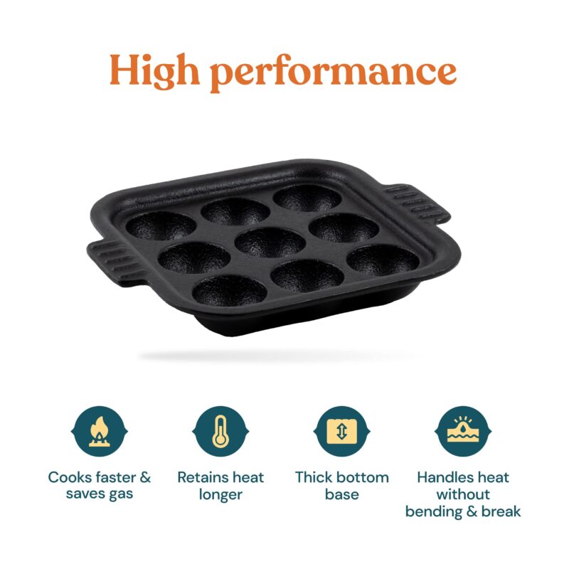 Bhagya Cast Iron Cookware Bhagya Cast Iron Paniyaram Pan/Unniyappam Chatty/Paddu Maker/Appam Pan Pre-Seasoned | Naturally Non-Sticky Cookware | Non Toxic - 9 Holes, Large - Image 4