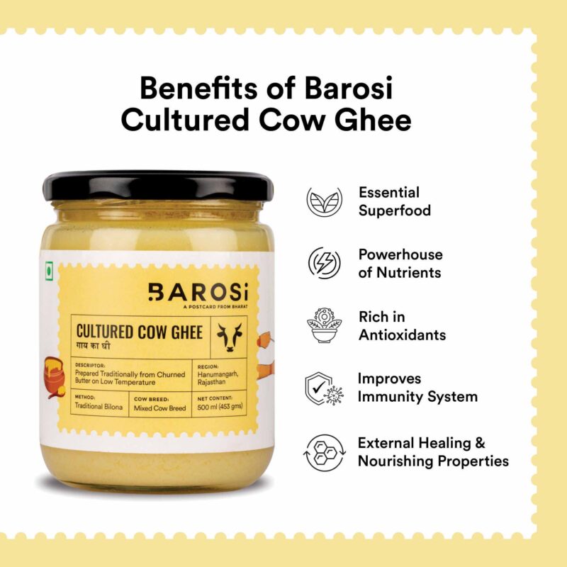 Barosi Premium Cultured Desi Cow Ghee 1 Litre (Combo Pack of 2 * 500ml) | Vedic Bilona Method | Churned from Curd | Pure & Natural | Farm Made in Small Batches | Glass Jar Packing - Image 3