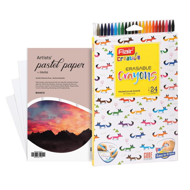 Flair Creative Kinder Garten Super Pebble 24 Erasable Crayons With 6x6 Pastel Paper Combo Pack Bianco White