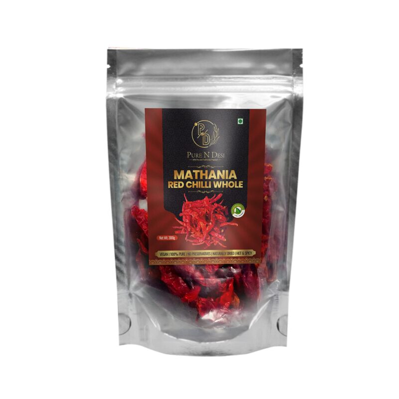 PURE N DESI Original Rajasthani Dried Mathania Whole Chilies Without Stems- Hand Picked/Sun Dried/Organically Produced/Authentic Marwari Taste - 300 Grams, Vegetable Masala