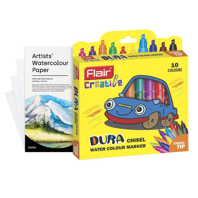 Flair Creative Dura Chisel Water Colour Pen With 6x6 Watercolor Paper Combo Pack Bianco,White