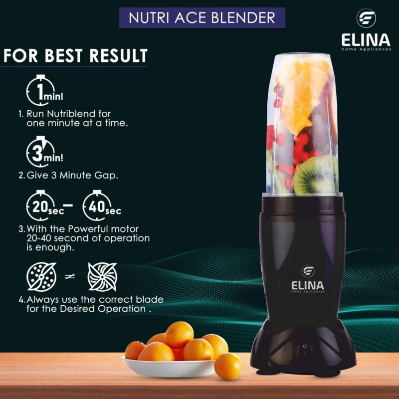 ELINA Nutri ACE Mixer Grinder, Blender | Powerful 450-watt Copper Motor with high 20000 RPM | Unbreakable Transparent Jars | Stainless Steel Blades | Smoothies, Shake, Chutney | Black - Image 3