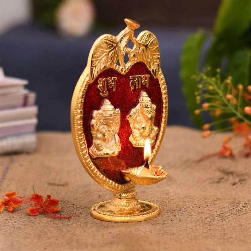 Collectible India Laxmi Ganesha Diya Idol Statue- Brass Gold Finish Diya Oil Lamp Ganesh Lakshmi Showpiece Shubh Labh Home Office Decor Pujan Puja Diwali Decoration (Golden) - Image 4