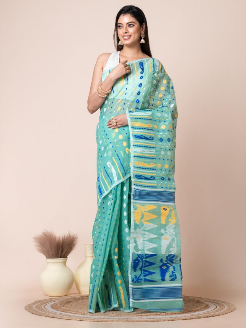 Aishwarya Sarees Women's Jamdani Cotton Sarees For Women Soft Dhakai Jamdani Bengal Pure Handloom Saree for Women. dhakai jamdani sarees for women (Sea Green) - Image 9