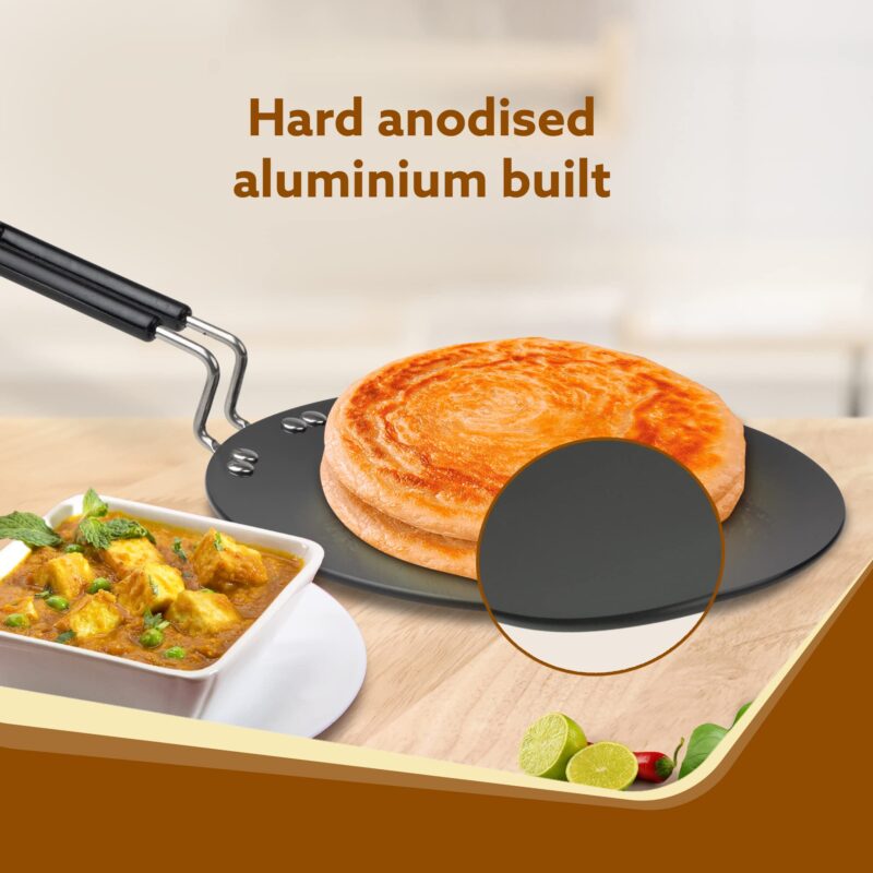 AGARO Elite Hard Anodised Tawa for Kitchen, 28 cm Diameter Tawa for Roti, Chapati, Paratha, Riveted Handle, 4 mm Thick Base for Uniform Heating, Gas & Induction Oven Compatible, Cooking, Cookware - Image 5