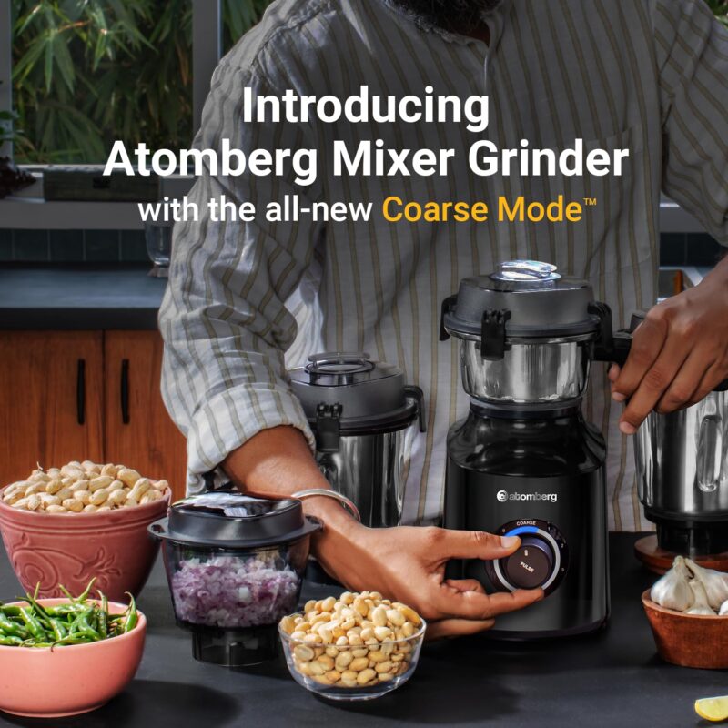 Atomberg Zenova Mixer Grinder with Unique Coarse Mode | Advanced Safety Features | 4 Jars including Chopper Jar with Hands Free Operation (Black) - Image 8
