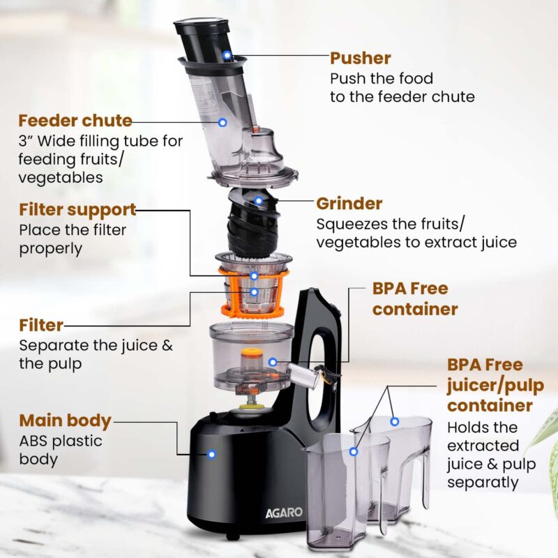 AGARO Royal Slow Juicer, Professional Cold Press Whole Slow Juicer, 240 Watts Power Motor, 120 Minutes Long Usage, 3 Strainers, All-in-1 Fruit & Vegetable Juicer, Black - Image 6