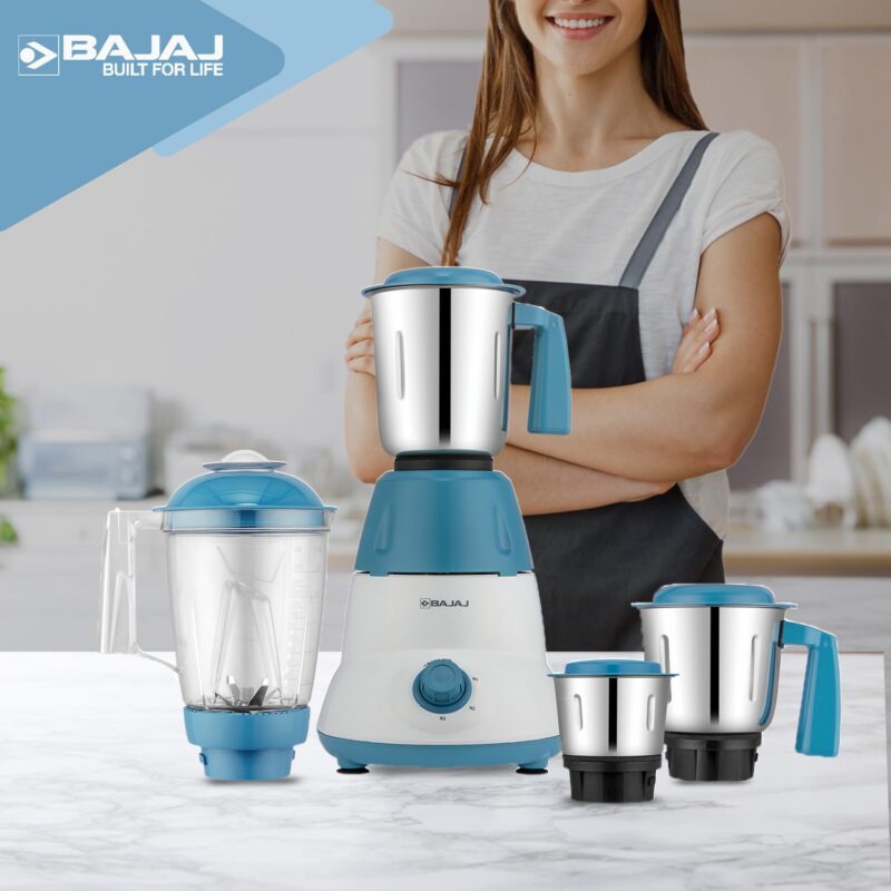 Bajaj Rex Dlx Mixer Grinder 750 Watts Mixie For Kitchen With Nutri-Pro Feature|4 Stainless Steel Mixer Jars|Multifunctional Blade Dry & Wet Grinding Overload Protector|1-Yr Warranty|White/Blue - Image 3