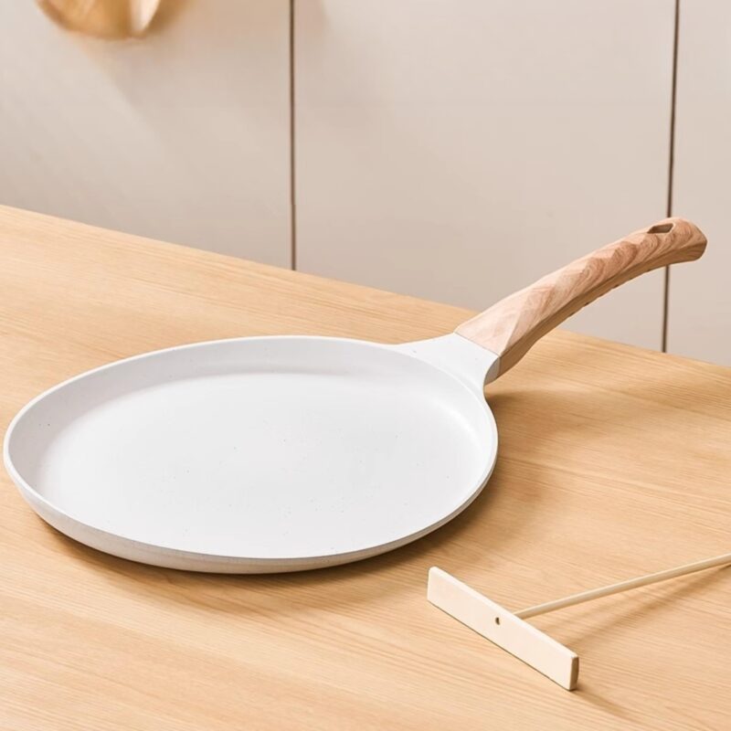 HomeEssentials Maifan Nonstick Tawa – Healthy Nonstick Pan with Wooden Handle/Easy to Clean Cooking Pan for Dosa, Chapati, Pancakes & Omelets/Induction & Gas Stove (White)