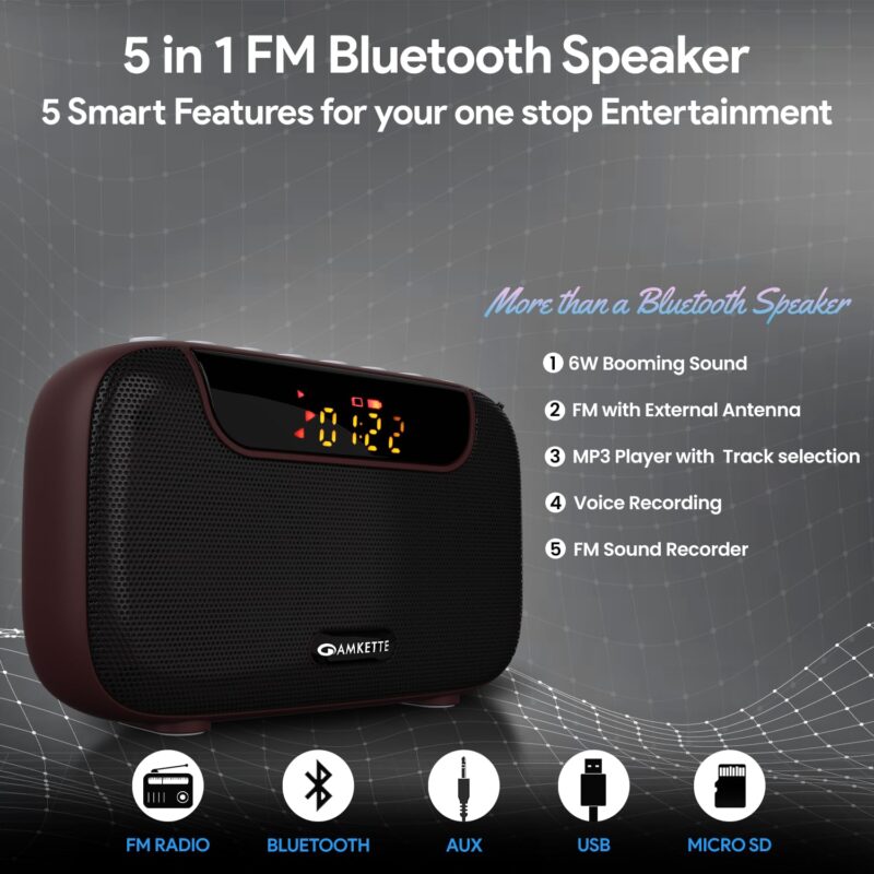 Amkette Pocket Blast 5 in 1 FM Radio with Bluetooth, Powerful Sound, Voice & FM Recording, External Antenna, 7+ Hours Playback, MP3 Player with Number Pad (AUX, SD Card, USB Input) (Brown) - Image 7