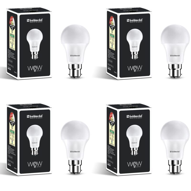 Goldmedal Wow 9W B22 Base LED Bulb - Cool Daylight (6500k) | Energy Efficient | 230 Degree Light Coverage | Surge Protection up to 4KV | Rated Life 15000 Hrs | for Home & Office |Pack of 4