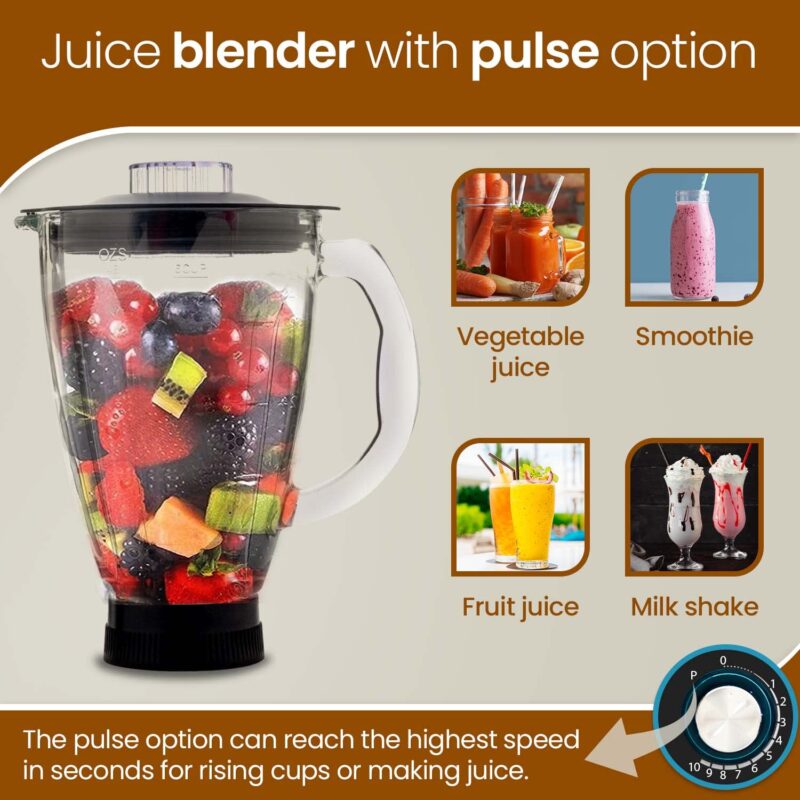 AGARO Imperial Stand Mixer,1400W with 6L SS Bowl, 1.5L Blending Jar,10 Speed With Pulse Function, 100% Copper Motor, Includes Blending Jar, Whisker, Beater, Dough Hook, Egg White Separator, Black - Image 3