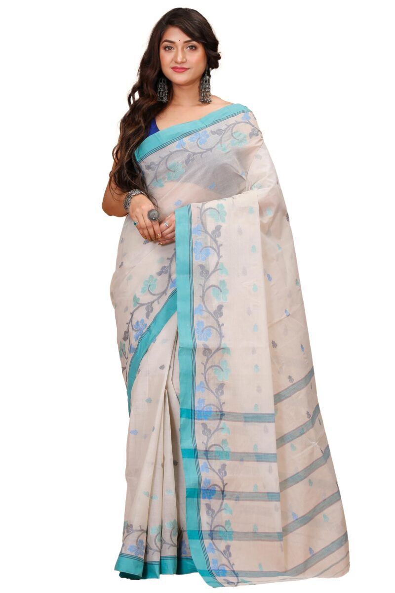 Tant Story Women's Traditional Bengal Trending Tant Handloom Pure Cotton Tangail Saree without Blouse Piece (Off White)