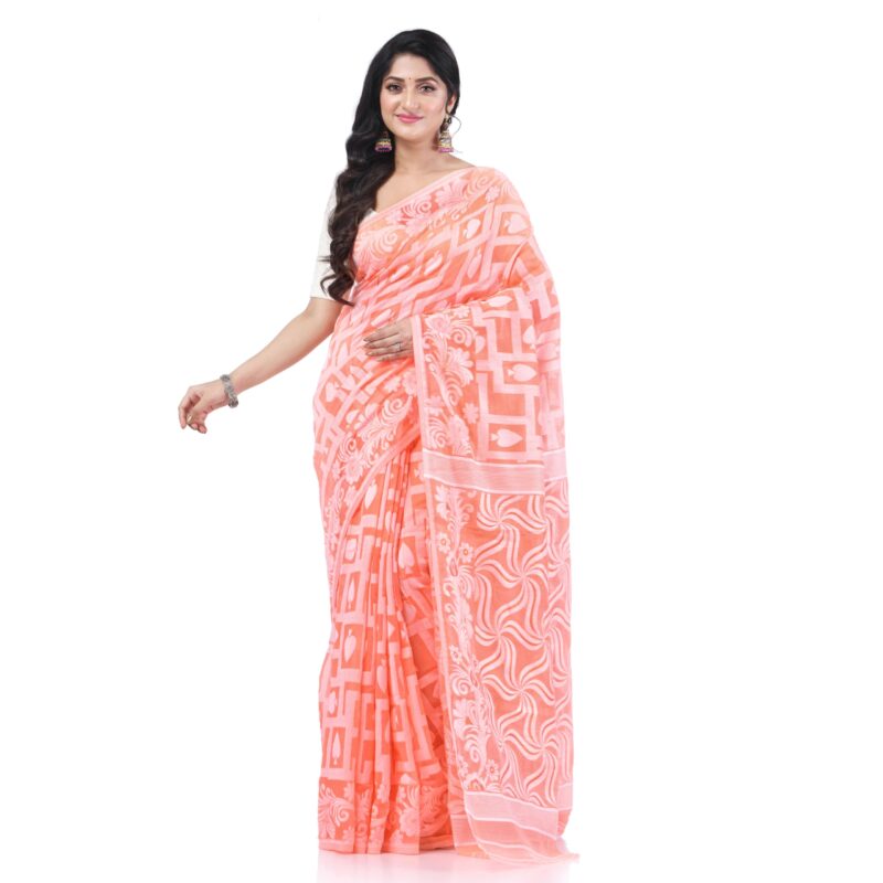 dB DESH BIDESH Women`s Resham Dhakai Jamdani Cotton Handloom Saree Playing Card Design Jamdani Saree (Orange White)