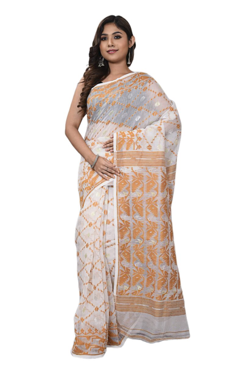 OISHANI SAREE GHOR Women's Traditional Bengal Cotton Silk Soft Jamdani Sarees (White Brown)