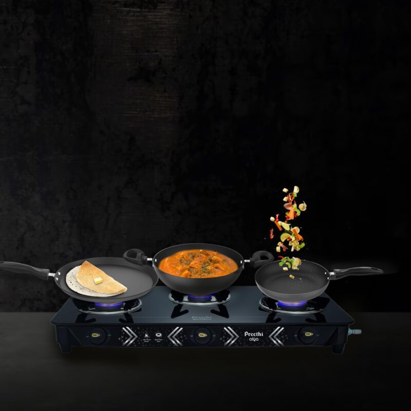 ‎Preethi Dura Collection Non Stick Set, 28 cm Tawa, 26 cm Frying Pan, 26 cm Kadai, with Glass Lid, Gas & Induction Compatible, 5 Star Non Stick Effect, Chilly Red - Image 2