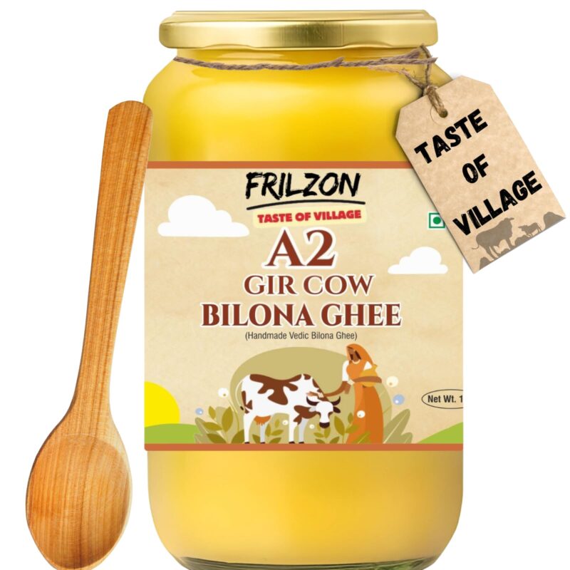 Frilzon A2 Cow Ghee 1 Litre, 100% Pure desi and Natural, Churned from Traditional Bilona Method, Helps Boost Immunity and Digestive Health, A2 Gir Cow Ghee for Cooking and Heart Health