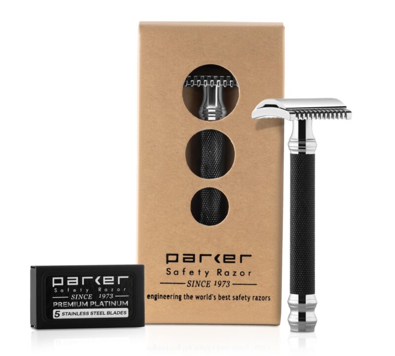 Parker 26C –Black Handle Three Piece Open Comb Double Edge Safety Razor & 5 Premium Platinum Double Edge Razor Blades