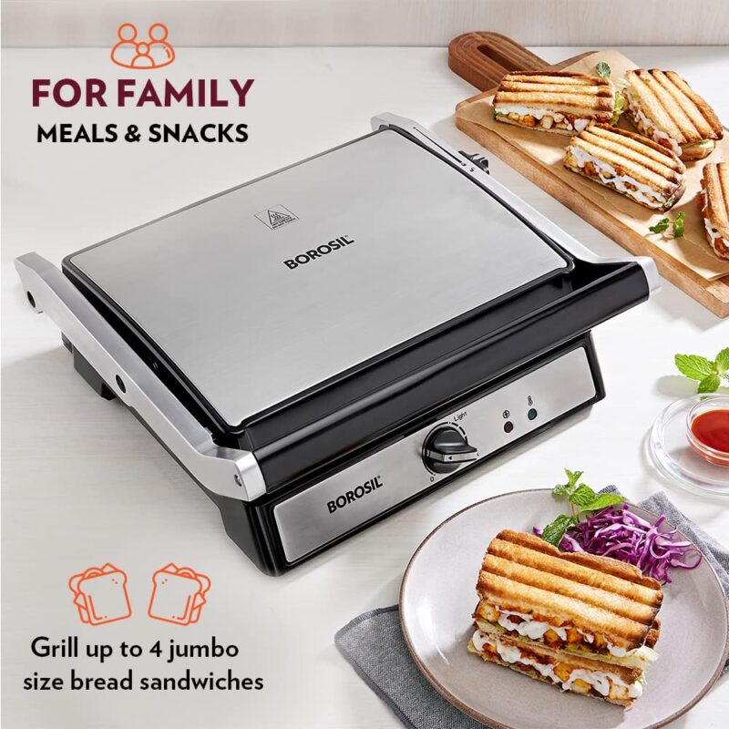 Borosil Super Jumbo Grill Sandwich Maker | Can Make 4 Sandwich At a Time | 2000W Electric Toaster Maker | Non-Stick Coating Plates Opens to 180°, BPA & PTFE Free | Power Indicators | 2 Year Warranty - Image 6