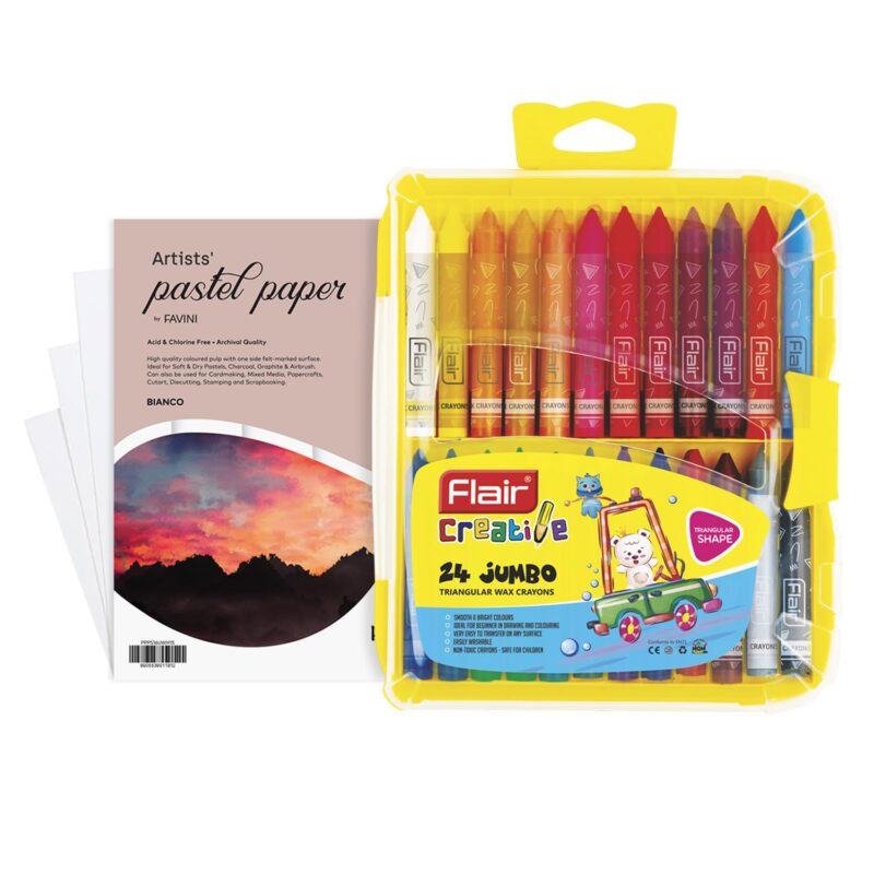 Flair Creative Triangular Wax Crayons With 6x6 Pastel Paper Combo Pack Bianco,White