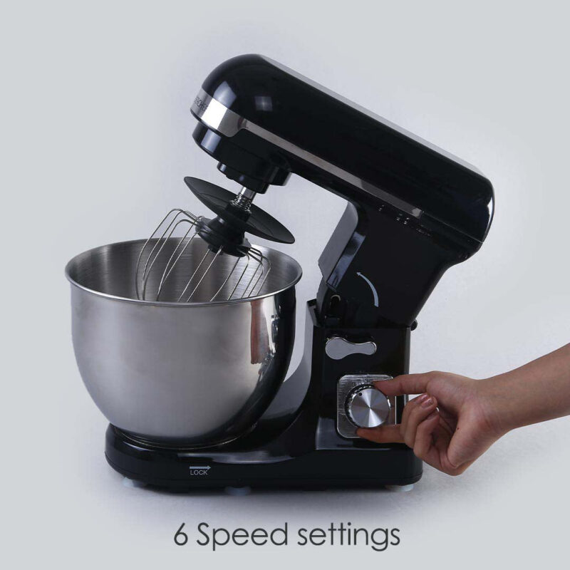 Crimson Edge Die-Cast Metal Kitchen Stand Mixer and Beater with 6 Speed Settings | 1000W Powerful Copper Motor | 5L SS Bowl | Whisking Cone, Mixing Beater, Dough Hook Attachments & Splash Guard | Home Cooks & Professional Bakers | 3 Year Warranty | Black - Image 9