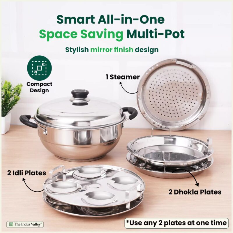 4 Pit Tri-Steel Premium Stainless Steel Idli/ Dhokla/ Momo Maker/ Multi Pot/ Veg Steaming Set, Tri-ply Induction Bottom, 5 Plates, 3L - Image 8