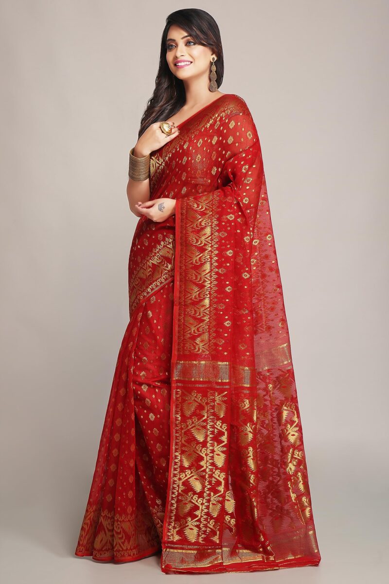 WoodenTant women’s cotton silk golden zari dhakai jamdani saree without blouse piece_(Red) - Image 5