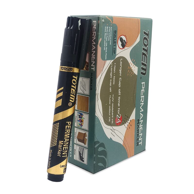 TOTEM Permanent Marker | 10 Black Ink Markers | Bullet Tip for Bold Writing | Suitable for Multiple Surfaces | Stationery Items | Students and Office Uses