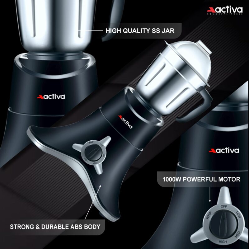 ACTIVA ABS Super Chef 900 Watts Powerful Motor Mixer Grinder With 4 Jars | 2 Years Motor, Black - Image 5