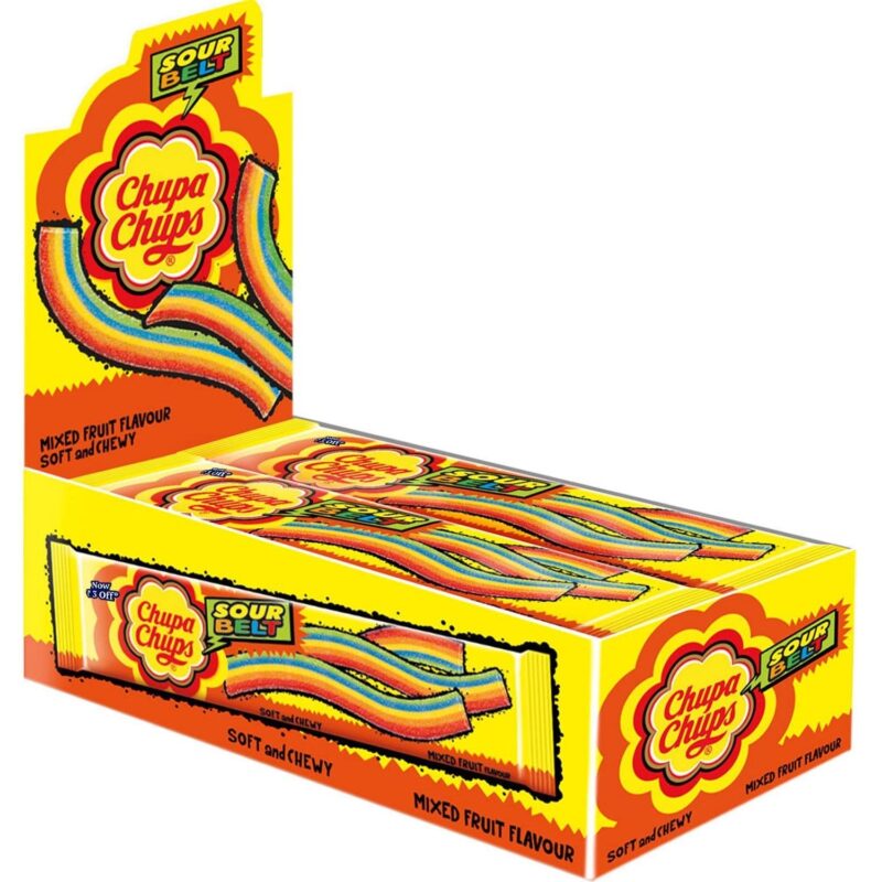 Chupa Chups Sour Belts Chewy Toffee, Mixed Fruit Flavour, 691.2g (12 Units X 57.6g Each) - (Set of 12 Packs)