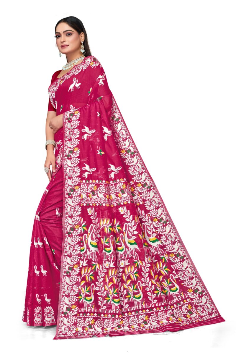 BROYAAR SHOP Jamdani Designer Cotton Blend Silk Saree for Women Without Blouse (Rani) - Image 5
