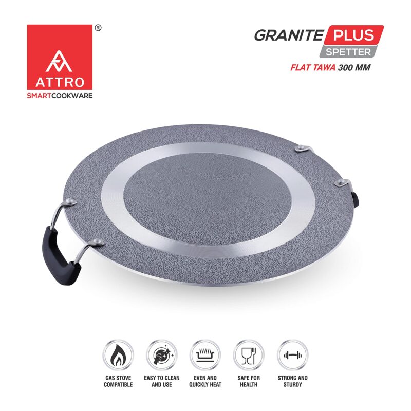 Attro Non Stick Aluminium Heavy Duty Double Handle Flat Spatter Finish Tawa, 300 mm, (Black) - Image 4