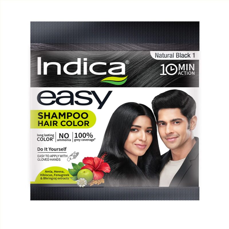 Indica Easy Do-It-Yourself 10 Minutes Hair Color Shampoo with 5 Herbal Extracts and 100% Ammonia Free, Long Lasting Formula, (12.5g + 12.5ml) - Natural Black Colour (Gloves Included)