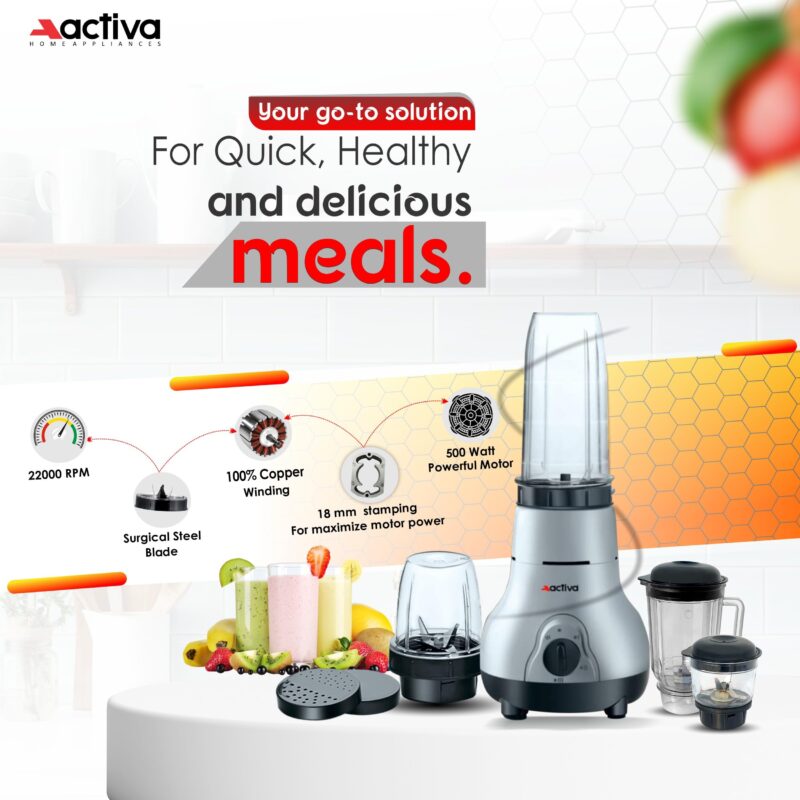 ACTIVA Easy Mix Nutri 4 Jar Mixer Grinder Powerful 500 Watt Motor | Long Lasting Shock Proof Abs Body | Heavy Duty Motor With Nano - Grinding Technology, Gray come with 2 year warranty - Image 6
