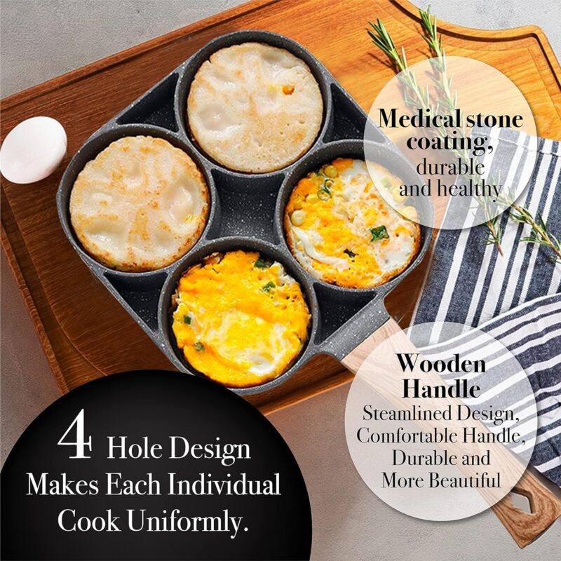 ECAPT Non Stick Grill Pan Mini Pan Uttapam Tawa Aluminum Multi Snack Maker 4 Cavity Egg Frying Pancake Maker (Black) - Image 2