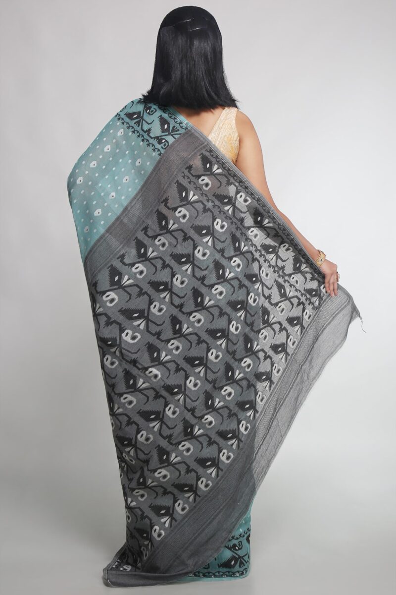 WoodenTant Women's Bengal Made Soft Dhakai Jamdani Saree Without Blouse Piece. (Beige & Green, Cotton) - Image 6