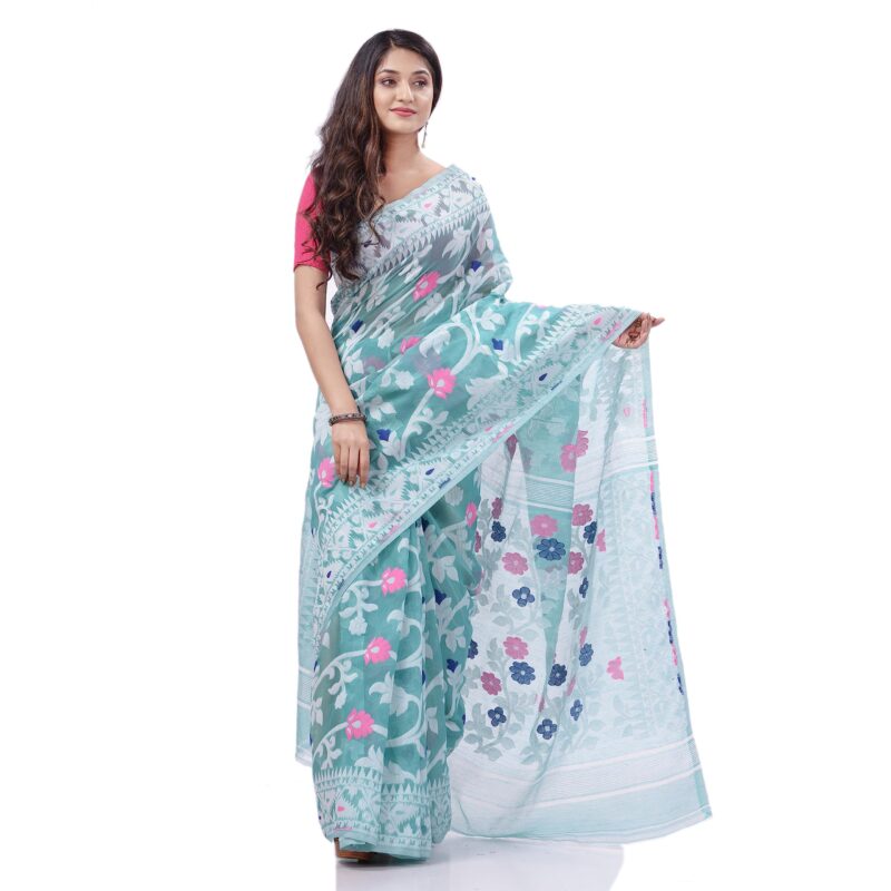 dB DESH BIDESH Women's Rangabati Resham Dhakai Jamdani Pure Cotton Handloom Saree Without Blouse Piece (Firoza, Multicolor)