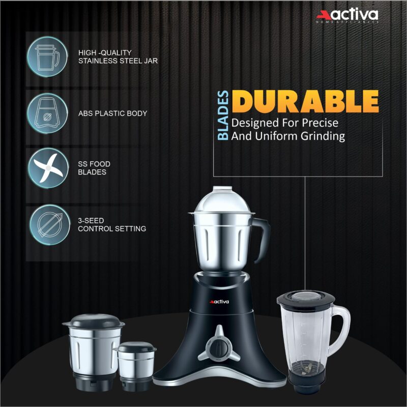 ACTIVA ABS Super Chef 900 Watts Powerful Motor Mixer Grinder With 4 Jars | 2 Years Motor, Black - Image 8
