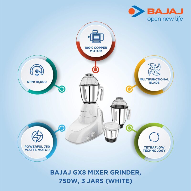 Bajaj GX 8 750 watts DLX 750W Mixer Grinder with 3 Jars, White | Plastic - Image 2
